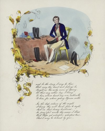 Britische Valentinskarte mit einem Bild eines Mannes, der Stiefel repariert von English School