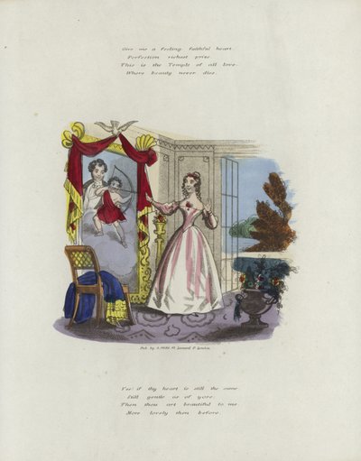 Britische Valentinskarte mit einem Bild einer Frau, die in einen Spiegel schaut von English School