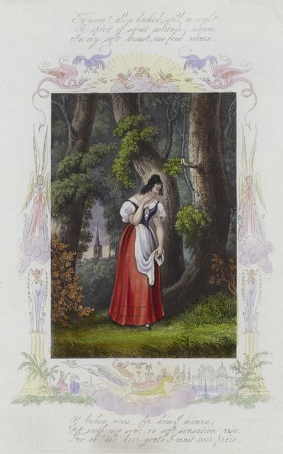 Britische Valentinskarte mit einem Bild einer Frau, die zwischen Bäumen steht von English School
