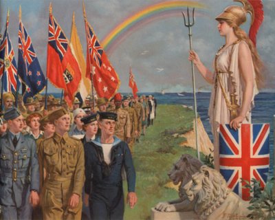Britische und Empire-Militärangehörige und Zivilisten, die an der Kriegsanstrengung beteiligt sind, paradieren vor Britannia von English School