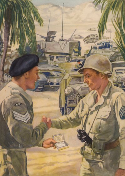 Britischer Armeesergeant bietet seinem amerikanischen Gegenüber eine Zigarette an, als sich die Alliierten während der Nordafrika-Kampagne im Zweiten Weltkrieg treffen von English School
