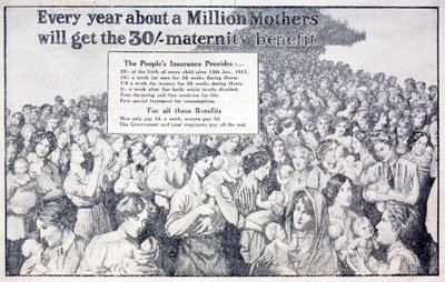 Britische Karte zur Förderung des Mutterschaftsgeldes, das durch die von David Lloyd George eingeführte Nationalversicherung gezahlt wird von English School