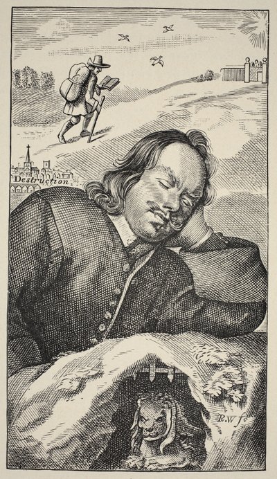 Bunyans Traum, Frontispiz von The Pilgrims Progress von John Bunyan (1628-88), 4. Ausgabe, veröffentlicht 1680 (Sepia-Foto) von English School