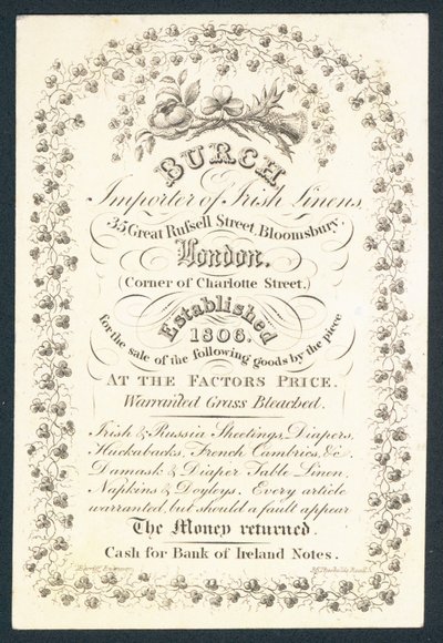 Burch, Importeur von irischen Leinen, Visitenkarte von English School