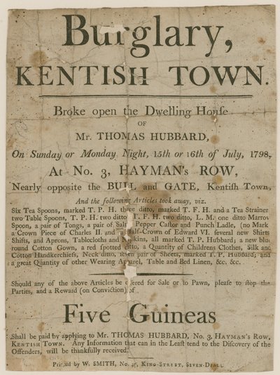 Einbruch in Kentish Town im Jahr 1798. Belohnung von £5 von English School
