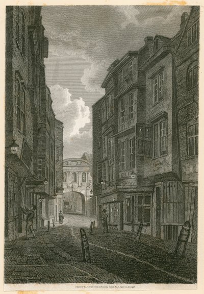 Butcher Row, Blick von Temple Bar, basierend auf einer Zeichnung von Edward Dayes, 9. Juni 1796 von English School