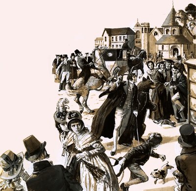 Byron sorgte mit seinem Haustierbären in den Straßen von Cambridge für Aufsehen (Gouache auf Papier) von English School
