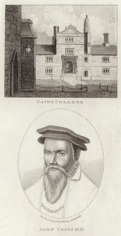 Caius College und ein Porträt von John Caius von English School