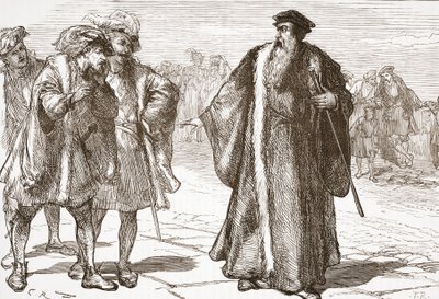 Calvin wird von den Libertinern auf der Rhonebrücke beleidigt, Illustration aus Die Geschichte des Protestantismus von James Aitken Wylie, veröffentlicht 1878 von English School