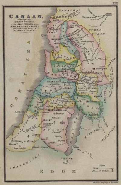 Kanaan, zeigt die relative Lage der Zuteilungen an die Stämme Israels, angepasst an die Bücher der Richter und Samuel (farbige Gravur) von English School