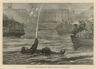 Captain Boyton zeigt das Schwimmgerät von English School