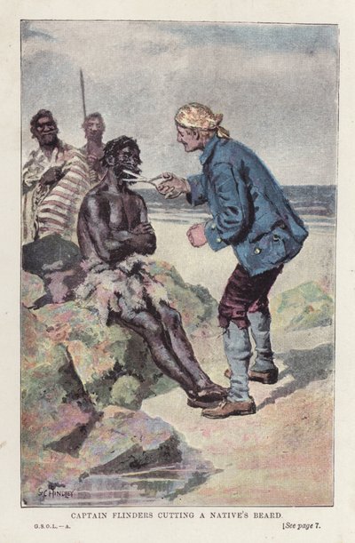 Kapitän Flinders schneidet einem Eingeborenen den Bart von English School