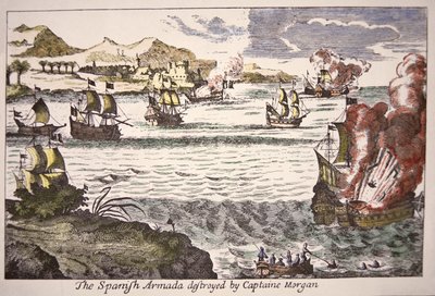 Kapitän Morgan besiegt spanische Kriegsschiffe, die die Mündung des Maracaibo-Sees 1669 blockieren von English School