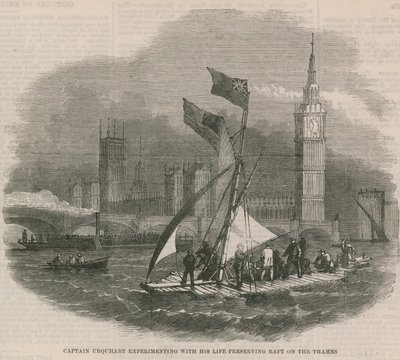 Captain Urquhart experimentiert mit seinem lebensrettenden Floß auf der Themse von English School