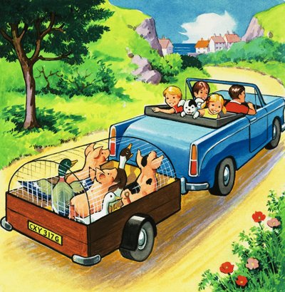 Auto zieht einen Anhänger mit Bauernhoftieren von English School
