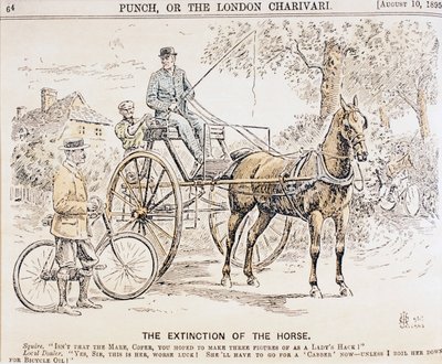 Karikatur über das Aufkommen von Fahrrädern und motorisierten Verkehrsmitteln und das daraus resultierende Ende des Pferdeverkehrs, aus der Zeitschrift Punch, 10. August 1895 von English School