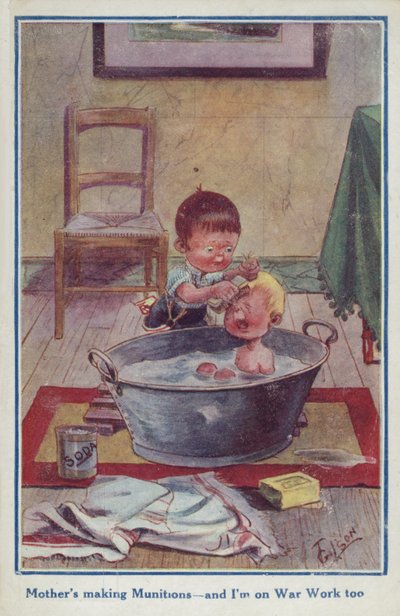 Karikatur-Propagandapostkarte von zwei kleinen Jungen von English School