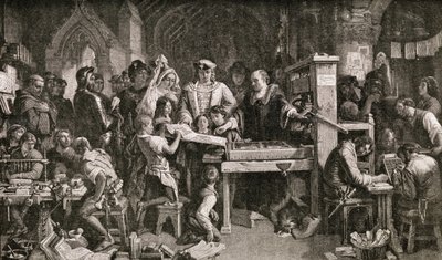 Caxton (ca. 1422-91) zeigt König Edward IV. Druckproben in der Almonry in Westminster, 1858 von English School