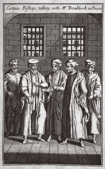 Bestimmte Bischöfe sprechen mit Mr. Bradford im Gefängnis, Illustration aus Foxes Märtyrer, ca. 1703 von English School