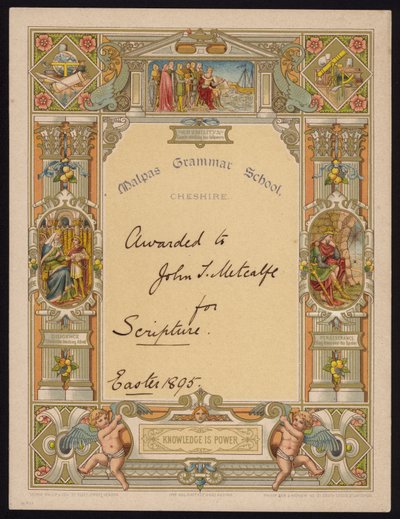 Zertifikat für Schriftkunde, verliehen an einen Schüler der Malpas Grammar School, Cheshire von English School
