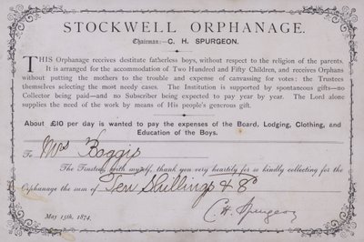 Dankesurkunde für eine Spende an das Stockwell Waisenhaus, London, 1874 von English School