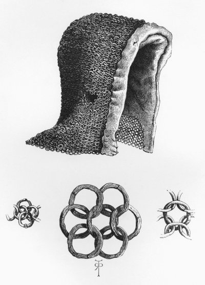 Kettenhaube und Beispiel für ineinandergreifende Kettenrüstung, ca. 1120 n. Chr., aus The British Army: Its Origins, Progress and Equipment, veröffentlicht 1868. von English School