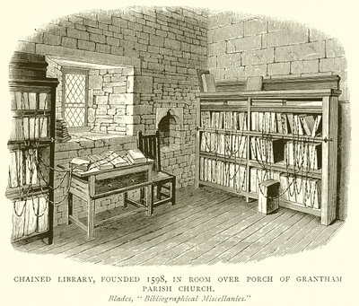 Gekettete Bibliothek, gegründet 1598, im Raum über der Vorhalle der Grantham Parish Church von English School