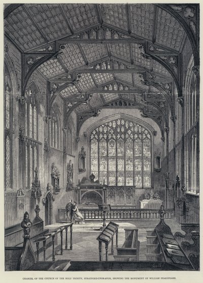 Chor der Kirche der Heiligen Dreifaltigkeit, Stratford-upon-Avon, mit dem Denkmal von William Shakespeare von English School