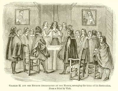 Karl II. und die englischen Botschafter in Den Haag, die Bedingungen seiner Restauration arrangierend von English School