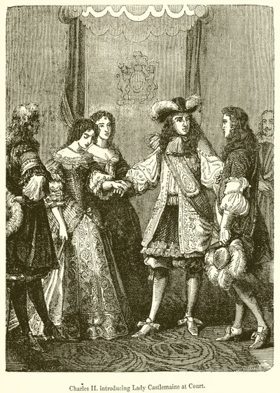 Karl II. stellt Lady Castlemaine am Hof vor von English School