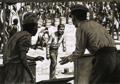 Charles Osborne und Captain Stott legten Fässer Rum am Strand aus von English School