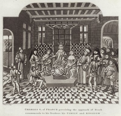 Karl V. von Frankreich, der den Tod nahen sieht, empfiehlt seinen Brüdern seine Familie und sein Königreich von English School