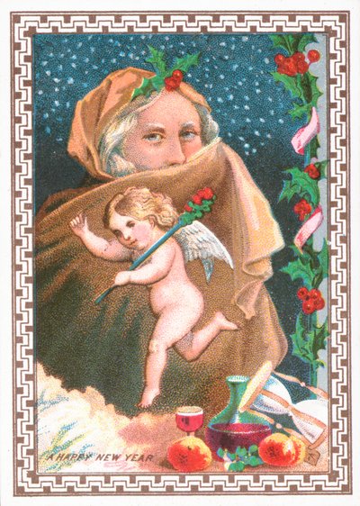 Cherub tanzt und Dame bedeckt Gesicht mit Schal, Neujahrskarte von English School