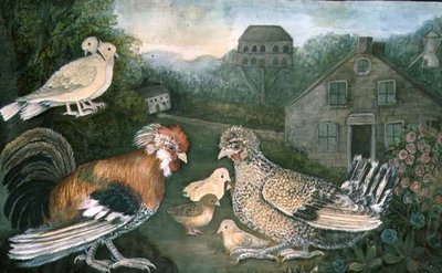 Hühner und Tauben in der Nähe eines Bauernhofs von English School