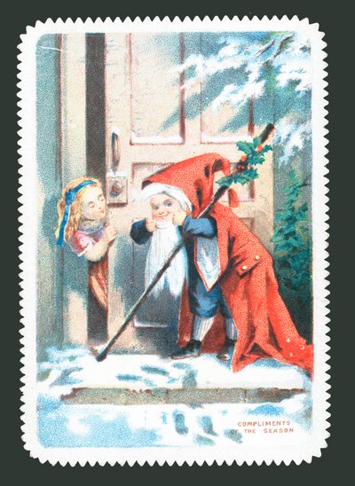 Kind als Weihnachtsmann verkleidet klopft an Tür, Weihnachtskarte von English School