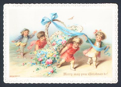 Kinder und Engel ziehen Blumenkorb, Weihnachtskarte von English School
