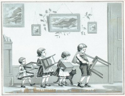 Kinder tragen Stuhl und Hocker, Weihnachtskarte von English School