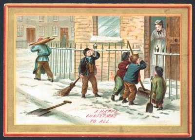 Kinder räumen Schnee weg und klopfen an Türen! Weihnachtskarte von English School