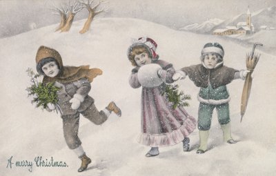 Kinder im Schnee, viktorianische Postkarte von English School