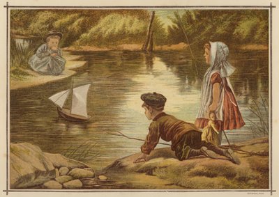 Kinder lassen ein Modellsegelboot zu Wasser von English School