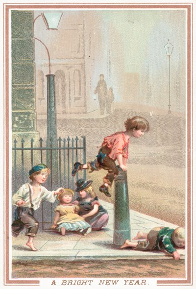 Kinder spielen Bockspringen auf der Straße, Neujahrskarte von English School