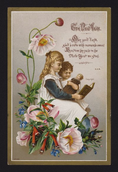 Kinder lesen ein Buch, Neujahrsgrußkarte, Ende des 19. oder Anfang des 20. Jahrhunderts von English School