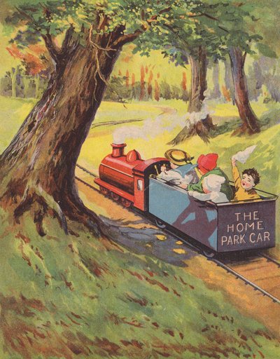 Kinder fahren mit einer Miniatureisenbahn von English School