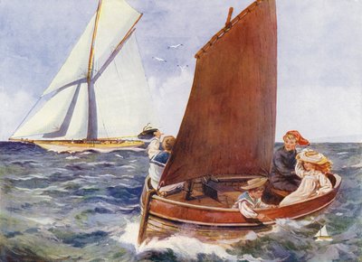 Kinder segeln und beobachten eine vorbeifahrende Yacht (Farblithographie) von English School