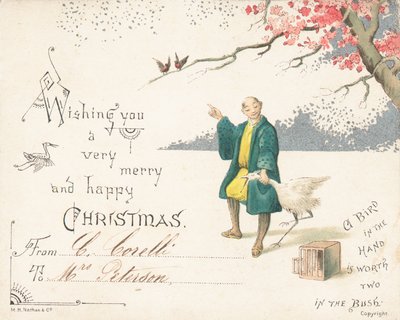 Chinesischer Mann mit Storch, Weihnachtskarte von English School