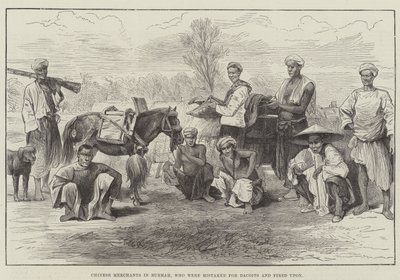 Chinesische Kaufleute in Birma, die für Dacoits gehalten und beschossen wurden (Gravur) von English School