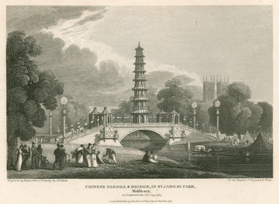 Chinesische Pagode und Brücke, St Jamess Park, London, wie sie am 1. August 1814 erschien von English School