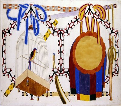 Chinoiserie-Design mit Vogelkäfig und Musikinstrumenten von English School
