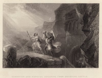 Christian und Hopeful fliehen aus dem Schloss des Zweifels (Gravur) von English School
