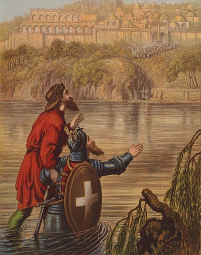 Christian und Hopeful betreten den Fluss (Farblithografie) von English School